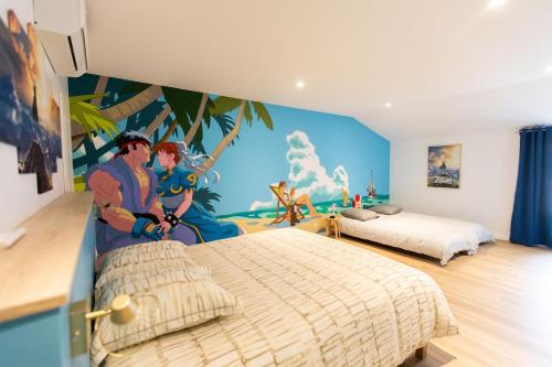 a bedroom with two beds and a mural at Arcade & Gaming Lodge in Trans-en-Provence
