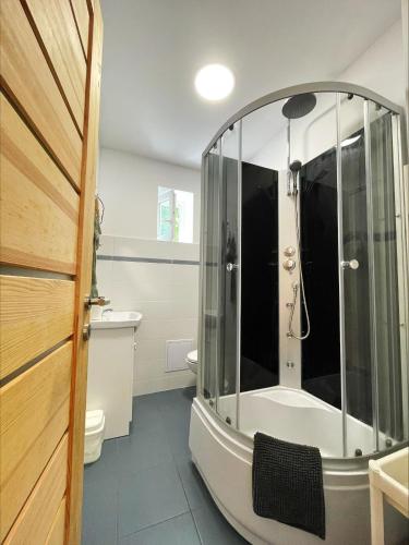 a bathroom with a shower with a sink and a toilet at Alma2 Vendégház in Révfülöp