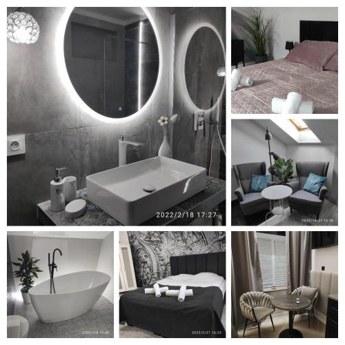 a collage of pictures of a bathroom with a sink and a tub at Harmonica PREMIUM in Nowy Sącz