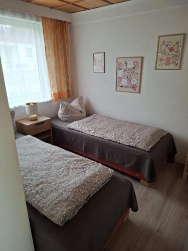 a hotel room with two beds and a window at Ferienhäuser am Mühlenberg in Alt Töplitz