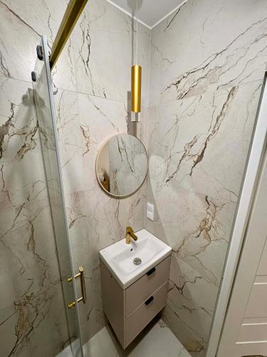 a bathroom with a sink and a mirror at Leo Apartament in Konin