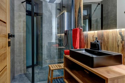 a bathroom with a sink and a shower at TRIA House Liptov in Ižipovce