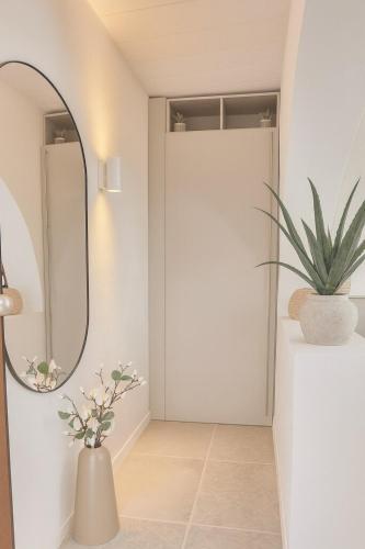 a hallway with a mirror and a vase with a plant at Casabaja in Baja Sardinia