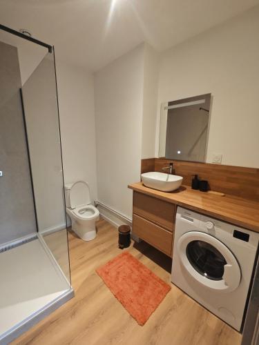 a bathroom with a washing machine and a toilet at La Parenthèse du Châtelet in Saint-Étienne-de-Valoux