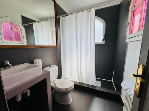 a bathroom with a white toilet and a sink at Hotel Casa Lyon in Santiago