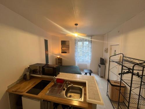 a small room with a sink and a bed at Studio meublé centre-ville Saint Junien in Saint-Junien