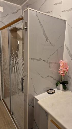 a bathroom with a shower and a vase of flowers on a counter at H(a)ver as Faias in Manteigas