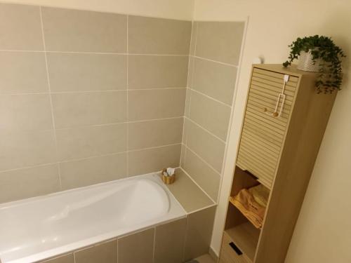 a bath tub in a bathroom with a plant next to it at KDS appartement T2 Île de la Réunion in Saint-Denis