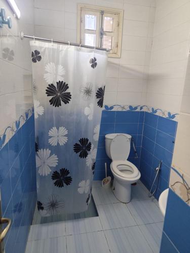 a bathroom with a toilet and a shower curtain at Dar Karim in Midoun
