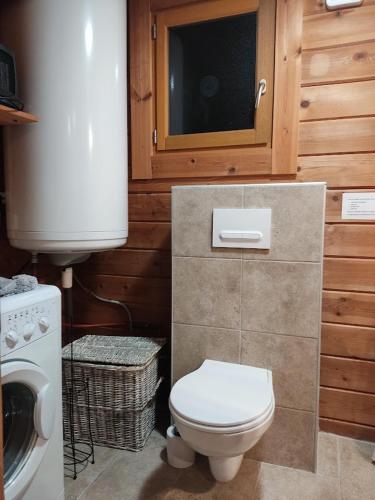 a bathroom with a toilet and a washing machine at Chalet Le Gentiane in Bun