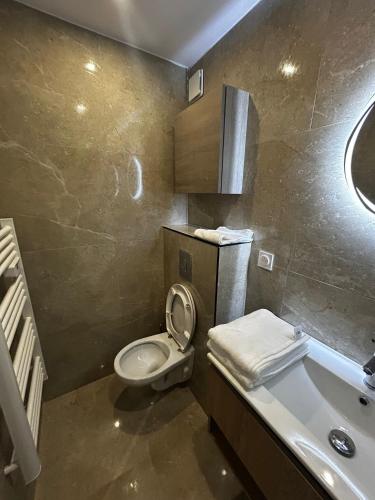 a bathroom with a toilet and a sink and a tub at Studio 2 personnes maximum in Saint-Andiol