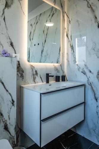 a bathroom with a white sink and a mirror at Mirror Apartments in Satu Mare