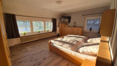 a bedroom with a bed and two windows at Haus Ferien Bock in Clausthal-Zellerfeld