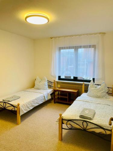 ein Zimmer mit zwei Betten und einem Fenster in der Unterkunft Alexa in Eußenheim