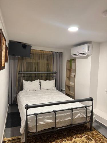 a bedroom with a bed with a tv on the wall at Guest house 2 in Amalias