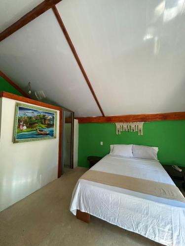 a bedroom with a bed with a green wall at Casa AllíS in Cóbano