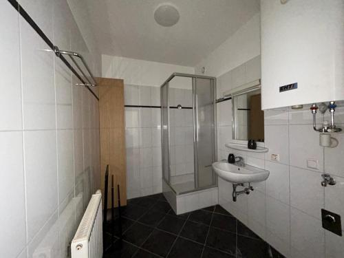a bathroom with a shower and a sink at Faraway Homes Studio Krieglach #7 in Sommer