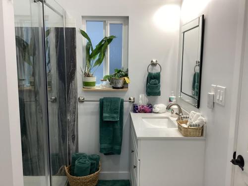 a white bathroom with a shower and a sink at The Cozy Nook in Grand Forks