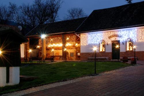 a lit up building with christmas lights on it at Flórián Vendégház in Villánykövesd