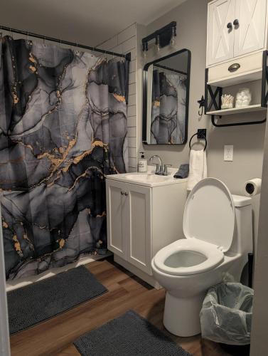 a bathroom with a toilet and a shower curtain at The Hillside Hottie! in Corydon