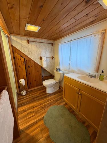 a bathroom with a toilet and a sink and a toilet at Barnacle - quiet family Maine waterfront getaway in Orrs Island