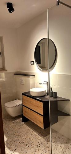 a bathroom with a sink and a mirror at River2Mountain Cozy Apartment in Gozd Martuljek