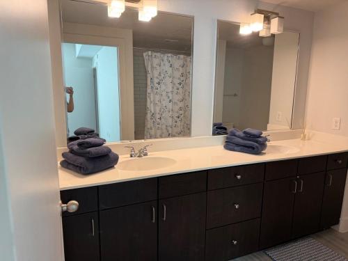 a bathroom with a sink and a large mirror at Experience the Best of Fort Worth Stylish Apartment in the Cultural District in Fort Worth