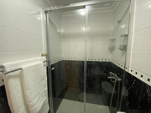 a bathroom with a glass shower and a toilet at Barso Home Puerto Natales in Puerto Natales