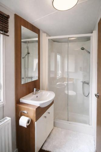 a bathroom with a sink and a shower at Clwyd 6 in Borth