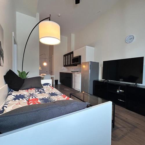 a living room with a bed and a flat screen tv at Spacious Family Suite with private Kitchenette and Laundry in Halifax