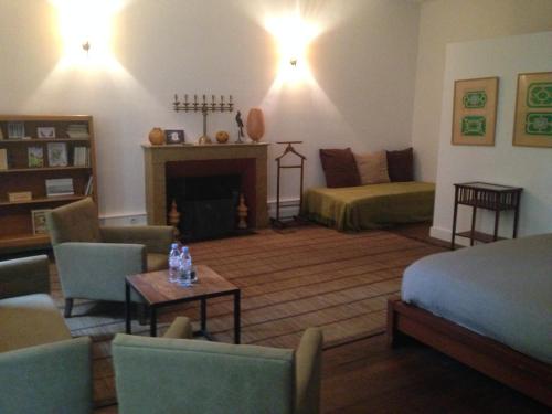 a living room with a bed and a fireplace at Les Chambres d'Hôtes du Bois Joli in Semur-en-Auxois