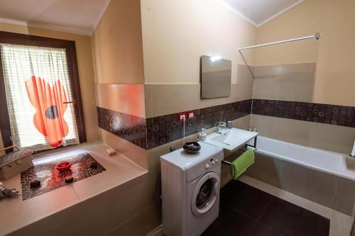 a bathroom with a washing machine and a sink at Casa sul fiume con giardino e terrazza in Pianello