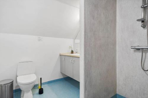 a bathroom with a toilet and a sink and a shower at 8211-Mern-Havnen-4 in Mern