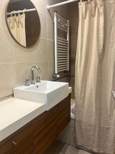 a bathroom with a sink and a mirror and a shower at Aires Almafuerte in Saladillo
