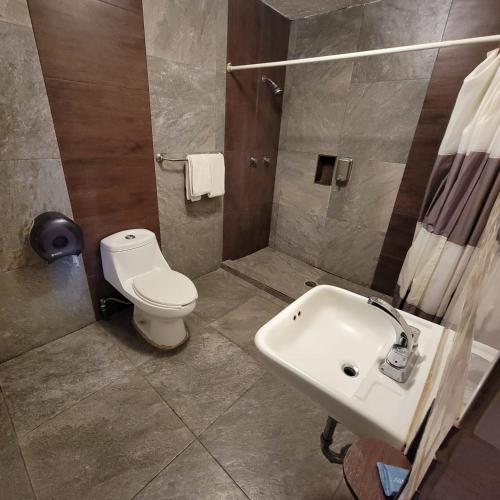 a bathroom with a toilet and a sink at hotel villa del sol chihuahua in Chihuahua