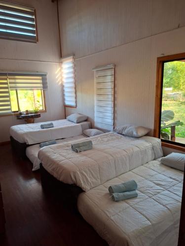 a group of four beds in a room with windows at Casa Campo in Lago Ranco