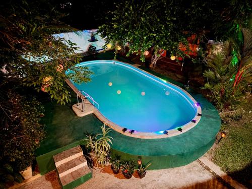 an overhead view of a swimming pool at night at Nelum Vegan House in Bentota