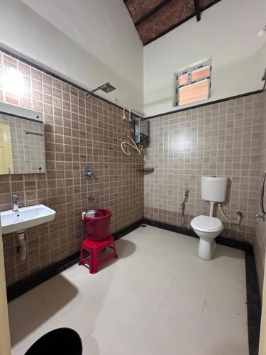 a bathroom with a toilet and a sink at janani ecostay in Chikmagalūr