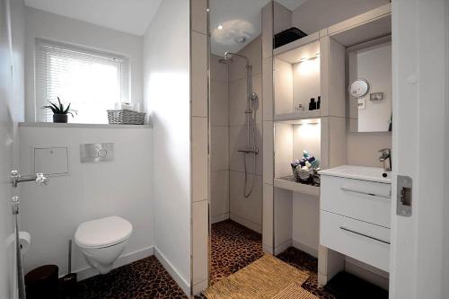 a white bathroom with a shower and a toilet at 14242-Vig-Maglehojvej-6 in Vig