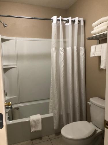 a bathroom with a shower curtain and a toilet at ValueInn Eugene - Airport in Eugene