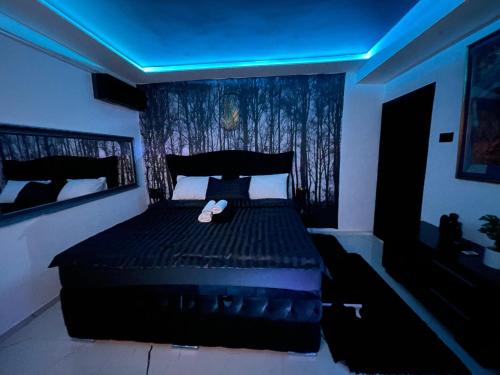 a bedroom with a black bed with a blue ceiling at Tina apartman in Vranje