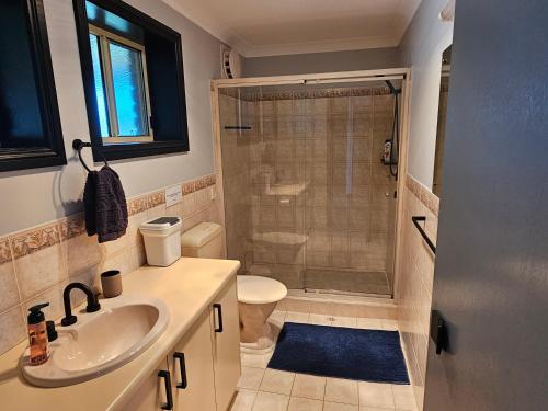 a bathroom with a shower and a sink and a toilet at Magic at the Mouth in Nelson
