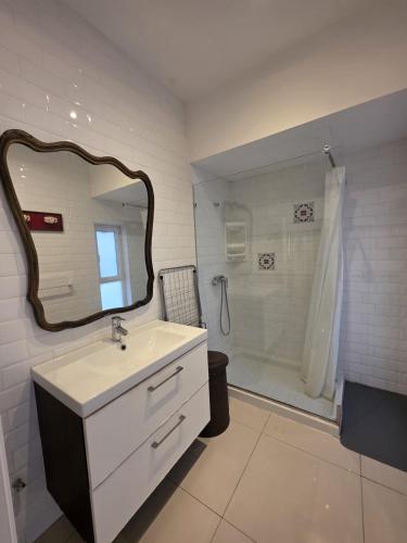 a bathroom with a sink and a shower with a mirror at Charming Valletta Escape Unesco Area in Valletta