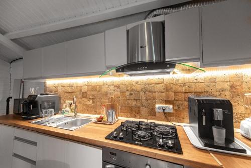 a kitchen with a sink and a stove top oven at Vila H2O in Mangalia