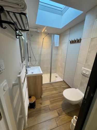 a bathroom with a toilet and a sink and a shower at Lodges des Pontons - Cap Ouest - vue mer in Saint-Côme-de-Fresné