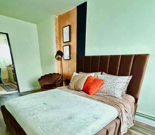 a bedroom with a large bed with pillows on it at GZP Residence Lugoj 21 in Lugoj