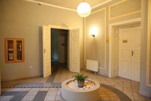 a hallway with a potted plant in the middle of a room at Roskosz Zespół Dworsko Parkowy in Biała Podlaska