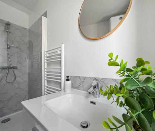 a bathroom with a white sink and a mirror at Appartement moderne et lumineux avec parking privé in Vierzon