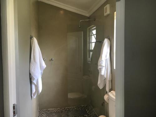 a bathroom with a shower with towels hanging on the wall at A Stone's Throw Accommodation in Grahamstown