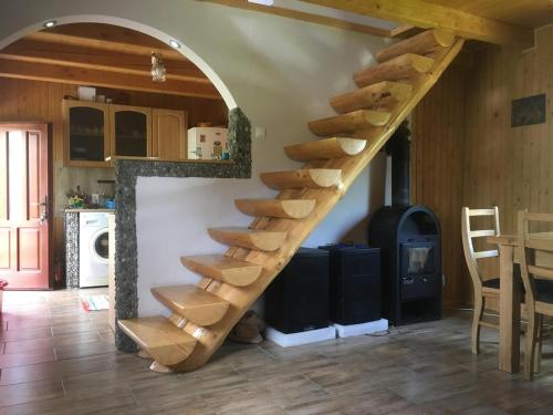 a wooden spiral staircase in a kitchen with a stove at Csobogó Patak Vendégház in Sicasău